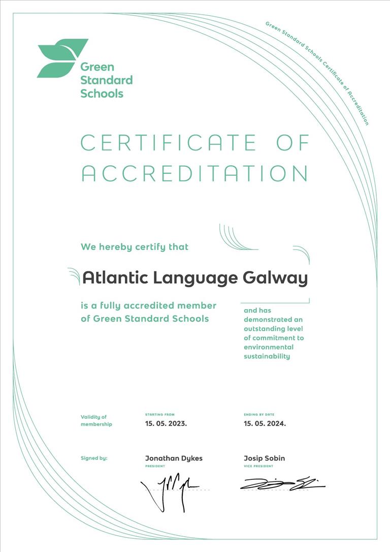 Atlantic Language Galway awarded Green Standard Schools Accreditation Certificate